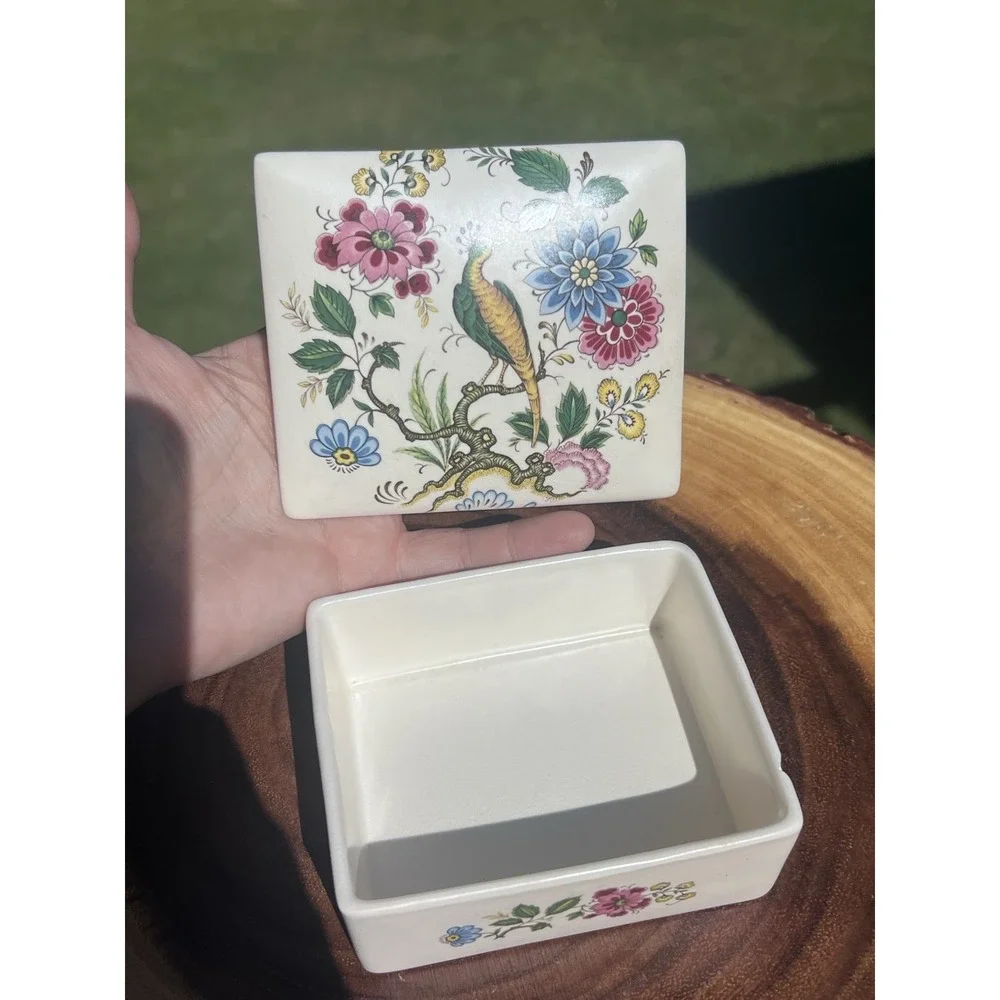 Vintage Purbeck Ceramics Swanage England Trinket Box Peacock Floral Chinoiserie